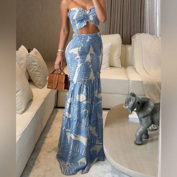 Tropical Print Ruched Bandeau Vacation Dress - Picture 3 of 5